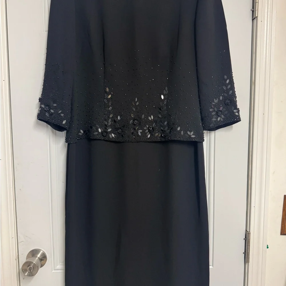 Donna Morgan Black Dress, Sequin Embellishments, 3/4 sleeves, buttons down back - Picture 6 of 12